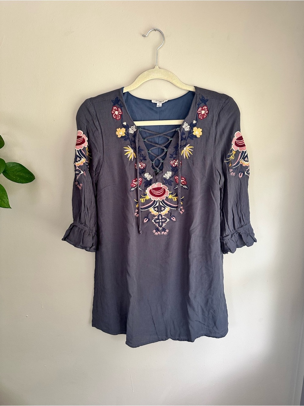 Umgee Gray blue Embroidered Lace-Up Mini Dress with Multicolor Floral Accents
